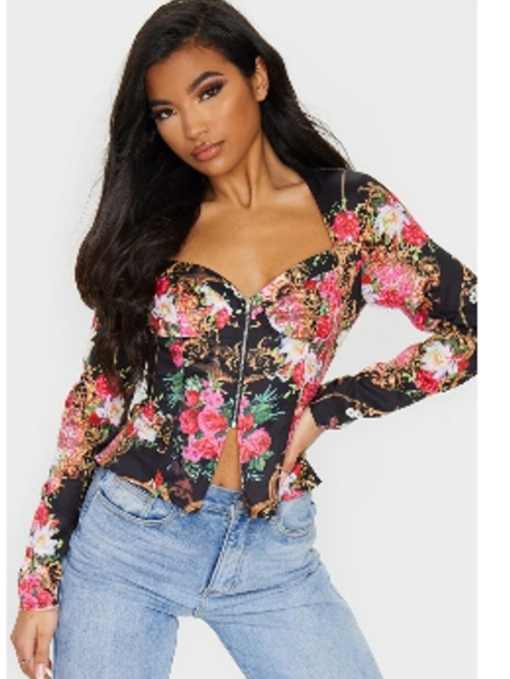 PrettyLittleThing Black Floral Baroque Long Sleeve Top